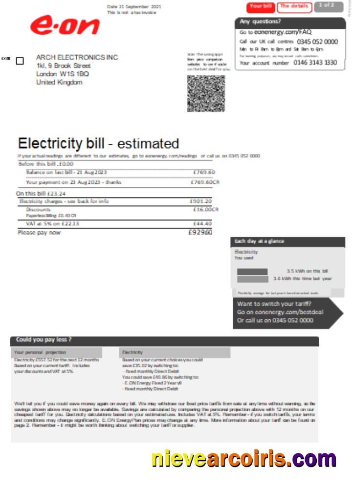 E.ON UK electricity utility business bill, page 1